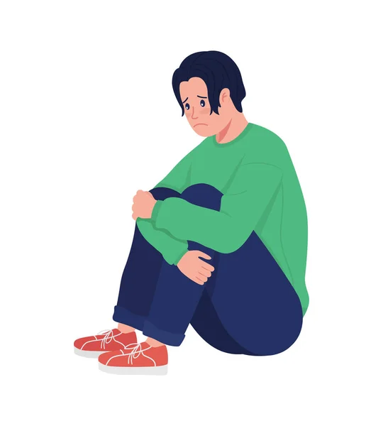 Osaměle Deprimovaný Teenager Kluk Polotupá Barva Vektoru Charakter Sedící Figurka — Stockový vektor