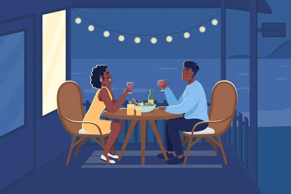 ロマンチックなディナー屋外フラットカラーベクトルイラスト パートナーは裏庭で一緒にワインを飲む時間を過ごす ボーイフレンドと背景に海辺の風景とガールフレンドの2D漫画のキャラクター — ストックベクタ