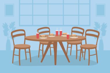 Fast food düz renk vektör illüstrasyonlu masa. Öğrenciler için yemek odası. Arkadaş grubu için öğle yemeği. Sağlıksız bir yaşam tarzı. Daire 2D karikatür iç mimarisi arka planda ev dekoru