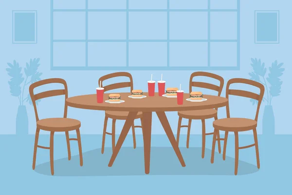 Tafel Met Fast Food Vlakke Kleur Vector Illustratie Eetkamer Voor — Stockvector