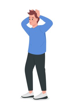 Şaşırmış adam yarı düz renk vektör karakteri. Şok olmuş. Dehşete kapılmış. Beyazın üzerinde tam vücut insan. Şaşkınlık, grafik tasarım ve animasyon için modern çizgi film stili illüstrasyonunu izole etti