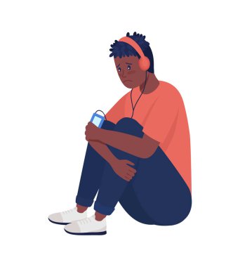 Üzgün çocuk yarı düz renk vektör karakteri dinle. Oturan bir figür. Beyazın üzerinde tam vücut insan. Gençlik sorunları grafik tasarım ve animasyon için modern çizgi film stili çizimlerini izole etti