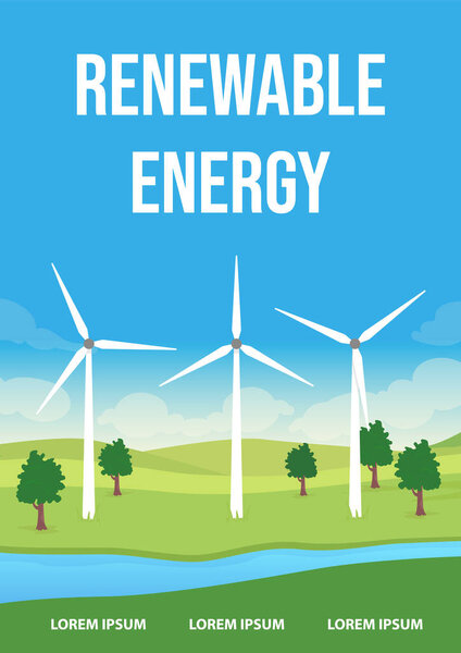 Renewable energy poster flat vector template. Electricity generation. Brochure, booklet one page concept design with cartoon landscape. Windmill equivalent. Wind farm flyer, leaflet with copy space