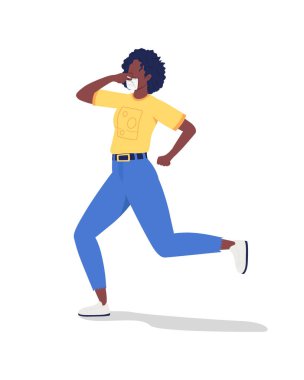 Yarısı düz renk vektör olan yüz maskeli kız. Aktif figür. Beyazın üzerinde tam vücut insan. Karantinanın sonu, grafik tasarım ve animasyon için izole edilmiş modern çizgi film stili çizimi