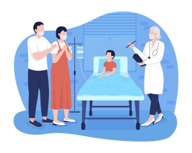 Hastane odasındaki çocuk 2D vektör izole edilmiş. Ebeveynler çocuk doktoruyla çizgi filmdeki hasta durumdaki düz karakterler hakkında konuşuyor. Çocuk Acil Servisi Renkli Sahne