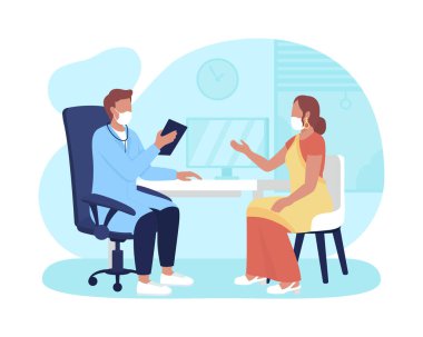 Hekimlik danışmanlığı 2D vektör izole çizimi. Coronavirus sırasında karikatür arka planındaki düz karakterler için tıbbi bakım randevusu. Hastane servisi. Ziyaret kliniği renkli sahne