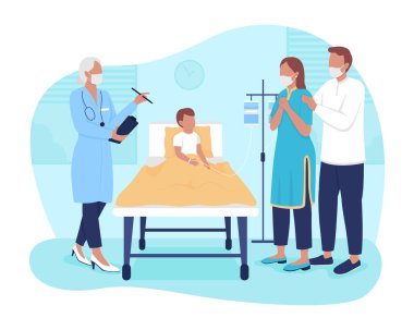 Planlanan çocuk hastanede kalacak. 2D vektör izole çizimi. Ebeveynler çizgi film geçmişindeki çocuk durumu hakkında doktorla konuşuyor. Özel klinikteki hasta odası renkli bir sahne.