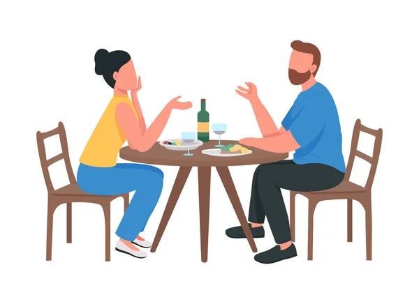 로맨틱 식사에서 커플은 반평평 캐릭터입니다 옷입은 사람들 연대적으로 스타일 그래픽 — 스톡 벡터