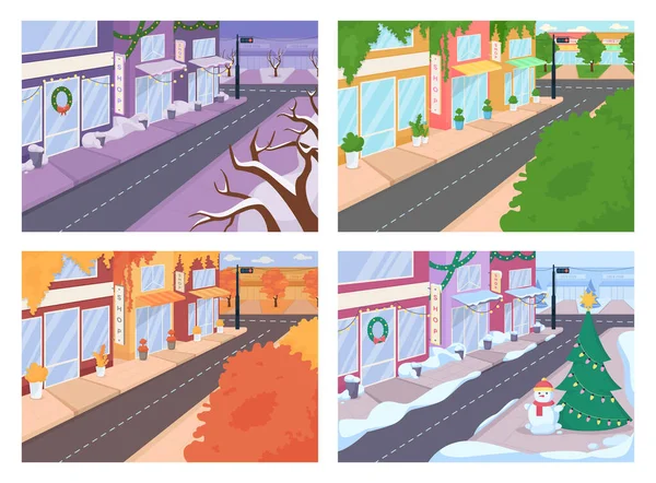 City Street Med Olika Årstider Platt Färg Vektor Illustrationer Som — Stock vektor