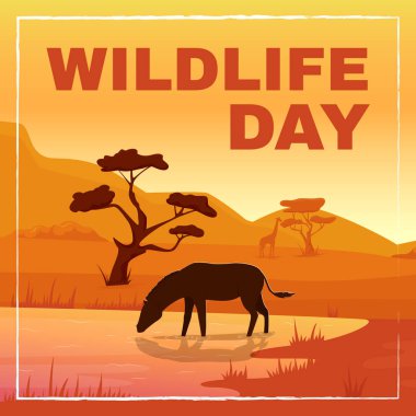 Vahşi hayvan koruma derneği sosyal medya modeli. Vahşi yaşam günü deyimi. Web pankartı tasarım şablonu. Farkındalık artırıcı, yazıyla birlikte içerik düzeni arttırılıyor. Poster, baskı reklamları ve düz illüstrasyon
