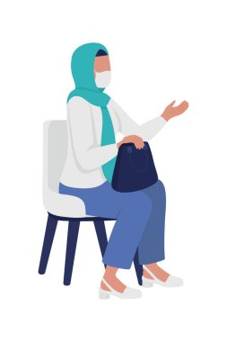 Woman wearing hijab with mask semi flat color vector character. Sitting figure. Full body person on white. Talking therapy isolated modern cartoon style illustration for graphic design and animation
