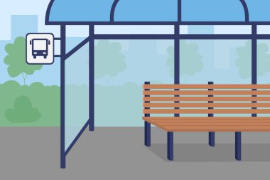 Bus stop flat color vector illustration. Roofed structure for waiting people. Scheduled route. Place for passengers to board and leave transport 2D cartoon bus shelter with cityscape on background