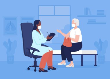 Geriatric counseling flat color vector illustration. Doctor visit during covid. Health center. Primary care physician and old patient 2D cartoon characters with private clinic on background