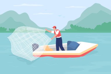 Net fishing from boat flat color vector illustration. Recreational activity. Trawling practice. Angler wearing waterproof jacket 2D cartoon character with mountain landscape on background