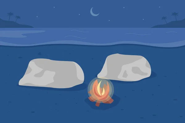 Beach Bonfire Flat Color Vector Illustration Summer Moments Rocks Campfire — Archivo Imágenes Vectoriales