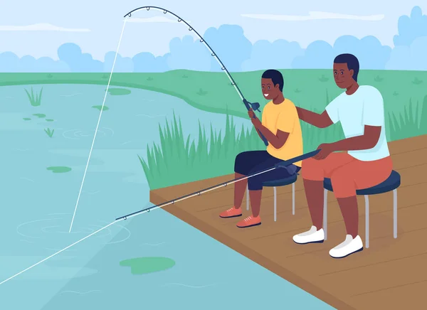 Fishing Dad Flat Color Vector Illustration Summertime Outdoor Activity Child — Vector de stock