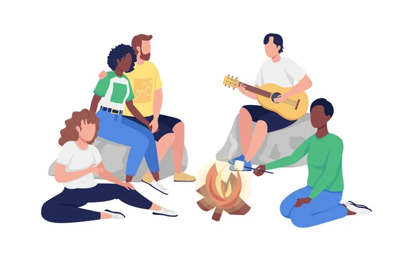 Friends Sitting Campfire Semi Flat Color Vector Characters Full Body — Stock vektor