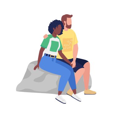 Yarı düz renkli vektör karakterler üzerinde oturan sevgi dolu çift. Beyazın üstüne tüm vücudu olan insanlar. Grafik tasarım ve animasyon için sıkıca izole edilmiş modern çizgi film stili illüstrasyonları.