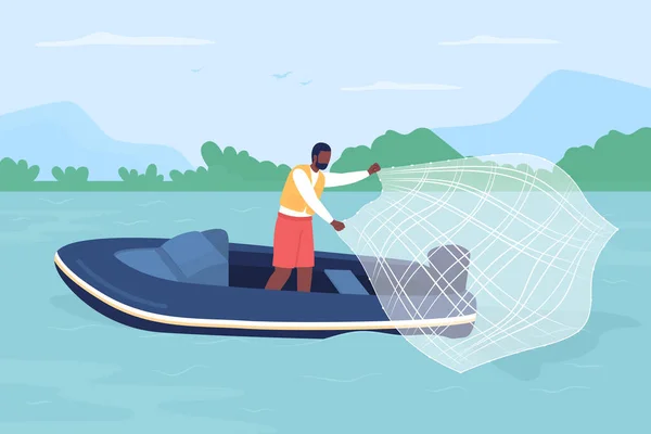 Captura Peces Con Red Fundición Ilustración Vector Color Plano Pesca — Vector de stock