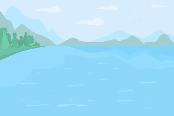 Duże Jezioro Otoczone Wzgórzami Płaski Kolor Wektor Ilustracji Miejsce Doświadczenie — Wektor stockowy