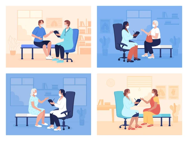 Routine Doctor Appointment Flat Color Vector Illustrations Set Visiting Health — Vetor de Stock