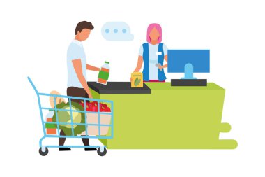 Süpermarket, yarı düz renk vektör karakterlerini kontrol ediyor. Beyazın üstüne tüm vücudu olan insanlar. Grafik tasarım ve animasyon için izole edilmiş modern karikatür stili çizimi ile ilgilenen kadın