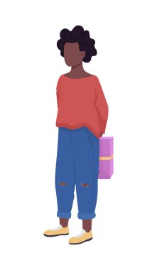 Kız hediye paketini yarı düz renk vektör karakterinin arkasına saklıyor. Beyazın üzerinde tam vücut insan. Sürpriz doğum günü hediyesi grafik tasarım ve animasyon için izole edilmiş modern çizgi film stili çizimi