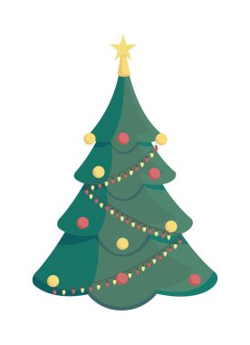 Noel ağacı yarı düz renk vektör nesnesi. Tam boy beyaz. Grafik tasarımı ve animasyonu için modern çizgi film stili çizimlerine sahip sonsuz yeşil kozalaklı ağaç.