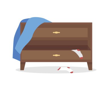 Yan tahtası dağınık yarı düz renk vektör nesnesi. Tam boy beyaz. Temiz kıyafetler eksik. Yatak odası mobilyaları grafik tasarım ve animasyon için modern çizgi film stili çizimlerini izole etti