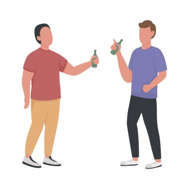 Erkek arkadaşlar yarı düz renk vektör karakterler içerler. Beyazın üstüne tüm vücudu olan insanlar. Gayri resmi akşam partisi, grafik tasarım ve animasyon için modern çizgi film stili illüstrasyonunu izole etti