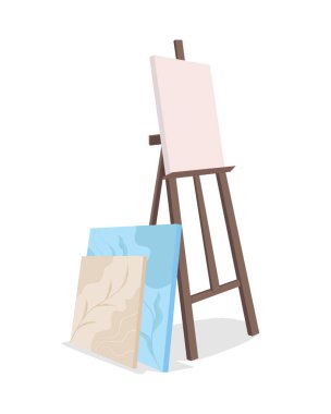 Çadır bezi yarı düz renk vektör nesnesi ile Easel. Tam boy beyaz. Dışarıda çalışıyorum. Sergi için resim tutulması grafik tasarım ve animasyon için izole edilmiş modern çizgi film stili çizimi