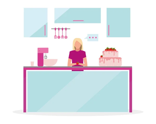 Blond Woman Broadcasting Cooking Show Semi Flat Color Vector Character — Stockový vektor