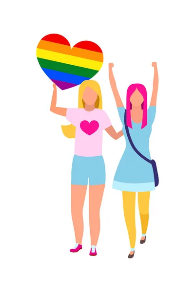 Mädchen Die Halbflachen Vektorcharakteren Der Homosexuellenrechtsbewegung Teilnehmen Ganzkörpermenschen Auf Weiß — Stockvektor