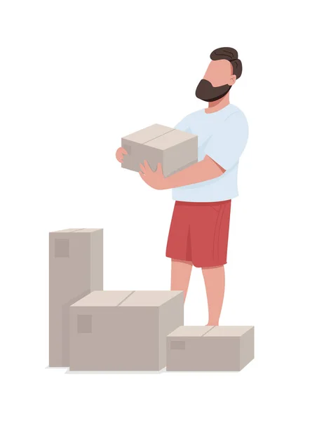 Hombre Desempacando Cajas Después Mover Carácter Vectorial Color Semi Plano — Vector de stock