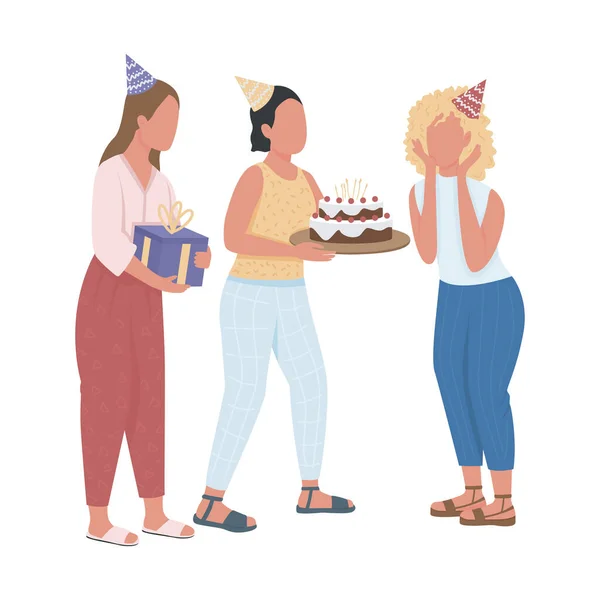 Girls Presenting Birthday Surprise Friend Semi Flat Color Vector Characters — Stockvector
