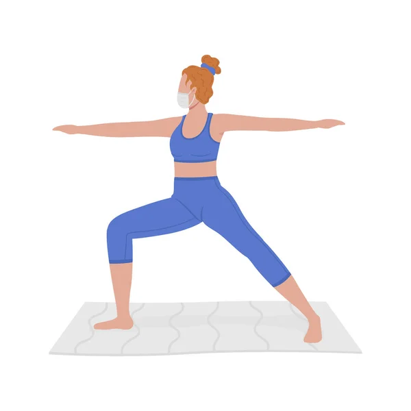 Mujer Joven Máscara Practicando Yoga Semi Plano Color Vector Carácter — Archivo Imágenes Vectoriales