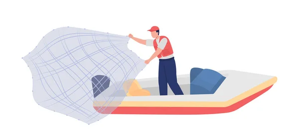 Pêcheur Avec Filet Jetant Semi Plat Caractère Vecteur Couleur Personne — Image vectorielle