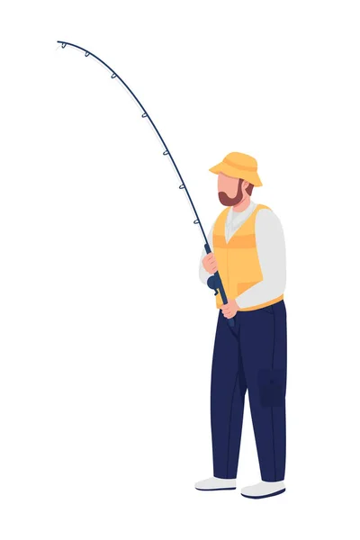 Bearded Man Spinning Rod Semi Flat Color Vector Character Full — Stock Vector