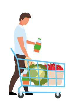 Tam alışveriş arabası yarı düz renk vektör karakterli bir adam. Beyazın üzerinde tam vücut insan. Süpermarketi ziyaret etmek grafik tasarım ve animasyon için izole edilmiş modern çizgi film stili çizimi