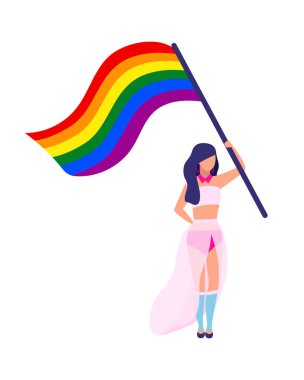 Gökkuşağı bayrağı yarı düz renk vektör karakterli LGBT hakları savunucusu. Beyazın üzerinde tam vücut insan. Eşcinsel hakları hareketi, grafik tasarım ve animasyon için modern çizgi film stili illüstrasyonunu izole etti