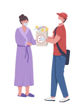 Kurye yarı düz renk vektör karakterlerden ilaç alan bir kadın. Beyazın üstüne tüm vücudu olan insanlar. Kapıdan kapıya dağıtım, grafik tasarım ve animasyon için izole edilmiş modern çizgi film stili illüstrasyon