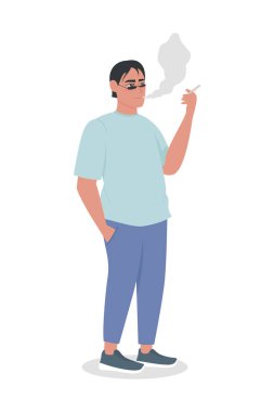 Sigara içen adam yarı düz renk vektör karakteri. Ayakta duran figür. Beyazın üzerinde tam vücut insan. Bağımlı sigara tiryakisi grafik tasarım ve animasyon için modern çizgi film stili illüstrasyonunu izole etti