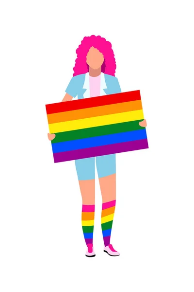 Junge Frau Mit Regenbogenplakat Halbflachen Farbvektorcharakter Ganzkörpermensch Auf Weiß Die — Stockvektor