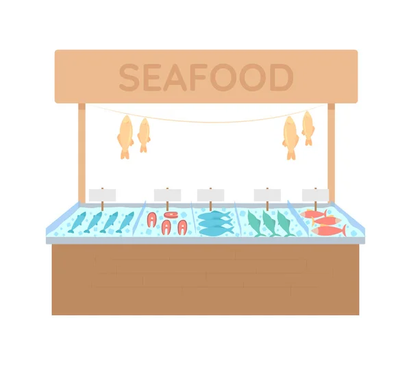 海鲜市场摊档半平色矢量对象 白色上的全尺寸元素海洋产品亭 鱼市场隔离了现代漫画风格的图解设计和动画 — 图库矢量图片