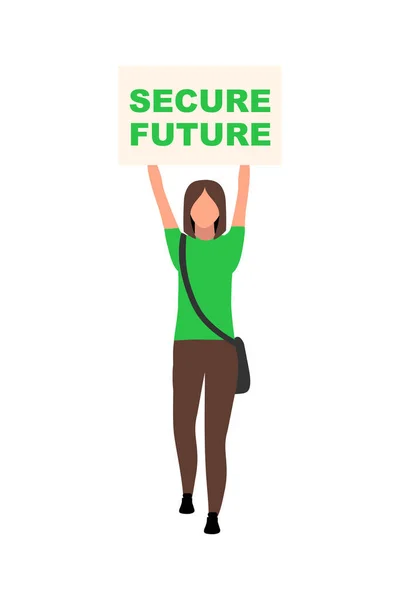 Dívka Drží Bezpečný Budoucí Plakát Polotovary Barevný Vektor Znak Osoba — Stockový vektor