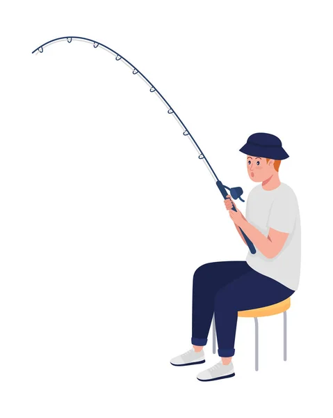 Eager Teen Angler Fishing Rod Semi Flat Color Vector Character — Stock Vector