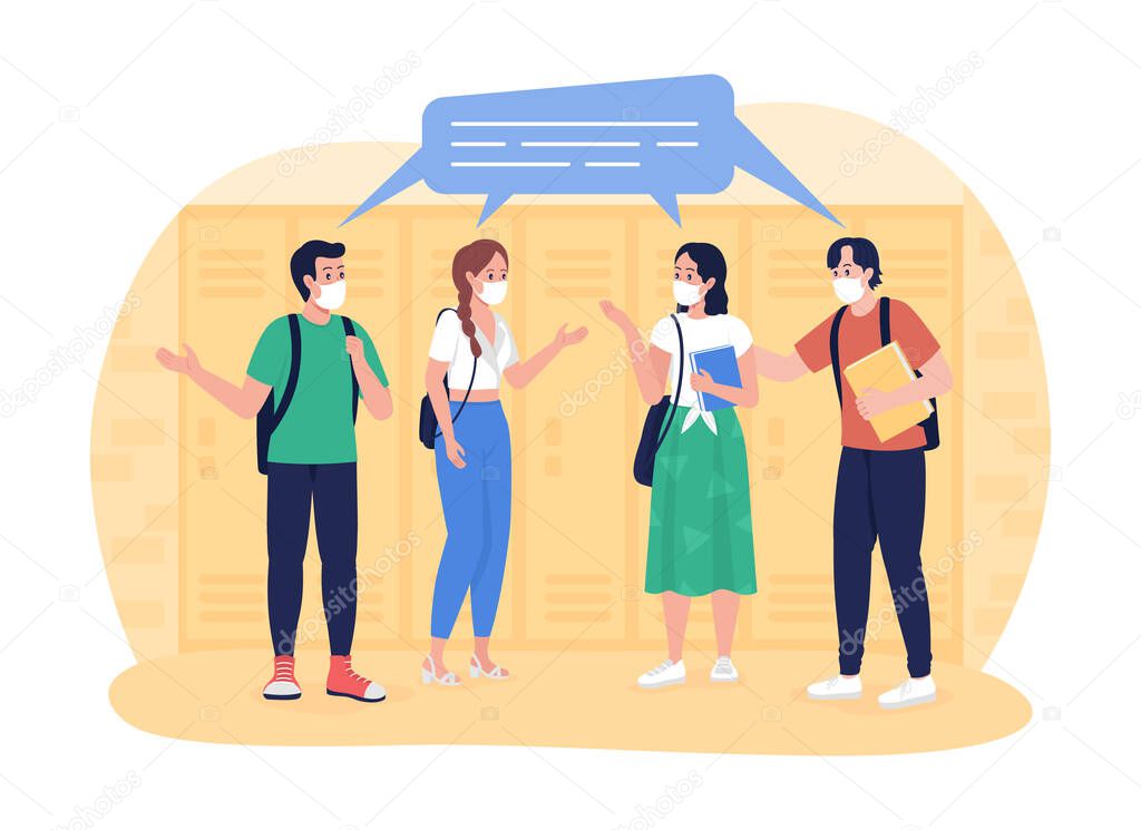 School students in the corridor 2D vector isolated illustration. Pupils chatting at school hallway flat characters on cartoon background. High school friends. Teenagers in face masks colourful scene