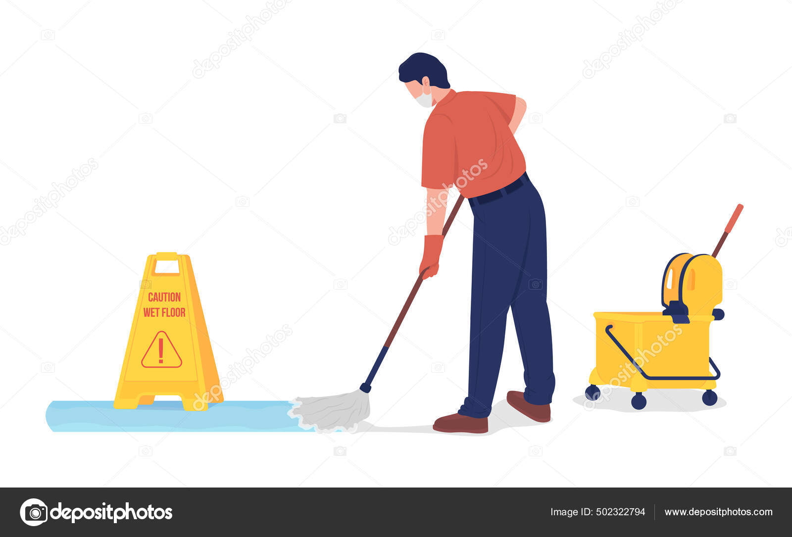 管理员扫地半平色矢量字符学校清洁的身材全身白皙的人戴面具的男子将现代漫画风格的图画与平面设计和动画分开图库矢量图©IMG visuals