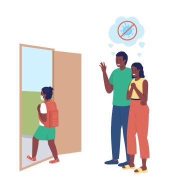 Mutlu ebeveynler liseli kızlara yarı düz renk vektör karakter gösterirler. Aile figürü. Beyazın üstüne tüm vücudu olan insanlar. Öğrenci kız grafik tasarım ve animasyon için modern çizgi film stili çizimini izole etti