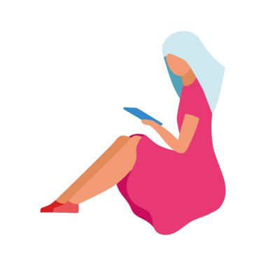 Tablet yarı düz renk vektör karakterine bakan kadın. Oturan bir figür. Beyazın üzerinde tam vücut insan. Gadget bağımlılığı grafik tasarım ve animasyon için modern çizgi film stili illüstrasyonunu izole etti